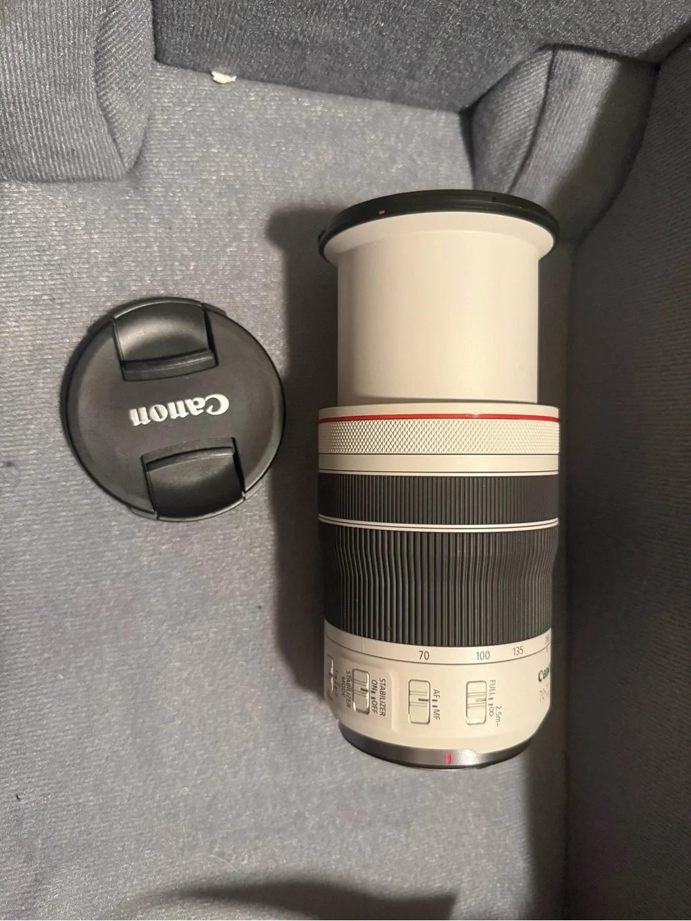 Canon White and Black Telephoto Zoom Lens with Red Accents